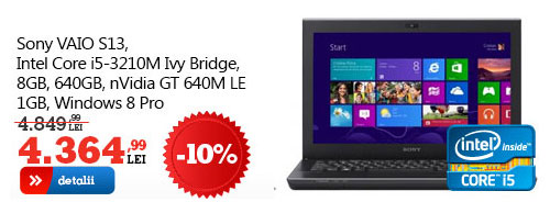 Laptop Sony VAIO SVS1312R9EB.EE9 cu procesor Intel® CoreTM i5-3210M 2.50GHz, Ivy Bridge